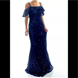 Formal Dress Size 12 Navy Blue Sequined Nightway Gown Off the Shoulder Prom